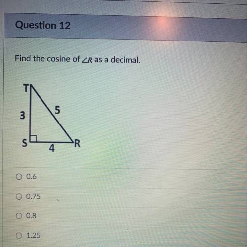 Find the cosine of ZR as a decimal.