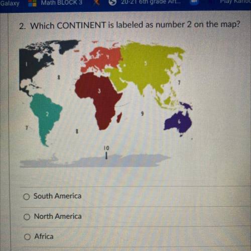 Which continent is labeled as number 2 on the map