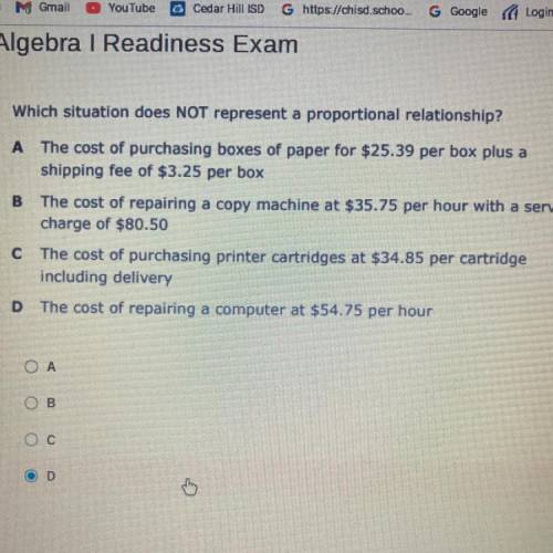 Which situation does NOT represent a proportional relationship?

A The cost of purchasing boxes of