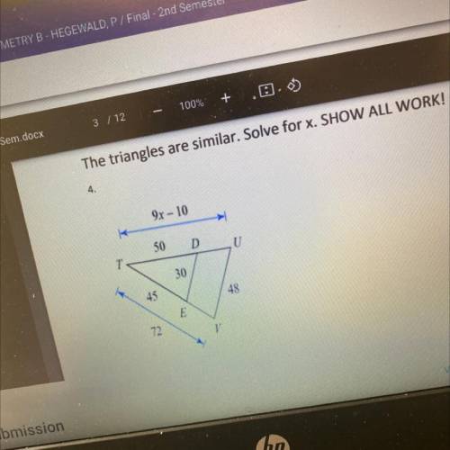 PLS HELP WILL MARK AS BRAINLIEST 
the triangles are similar. solve for x. SHOW ALL WORK!