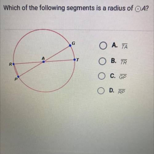 Which of the following segments is a radius of A?
А. ТА
B.TR
C. GP
D. RP