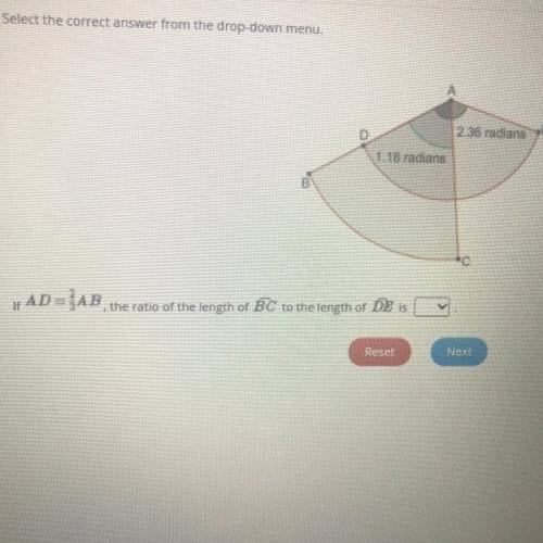 Select the correct answer from the drop-down menu.

A
E
2.36 radians
D
1.18 radians
B
-С
If
18 AD=