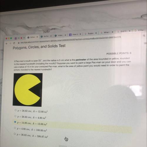 HELP ASAP

If Pac-man's mouth is open 55', and the radius is 5 cm what is the perimeter of the are