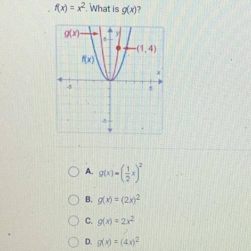 Question 1 of 10

f(x) = x2. What is g(x)?
9(x)
(1.4)
f(x)
O A 962)-(3
O B. g(x) = (2x)
c. g(x) =