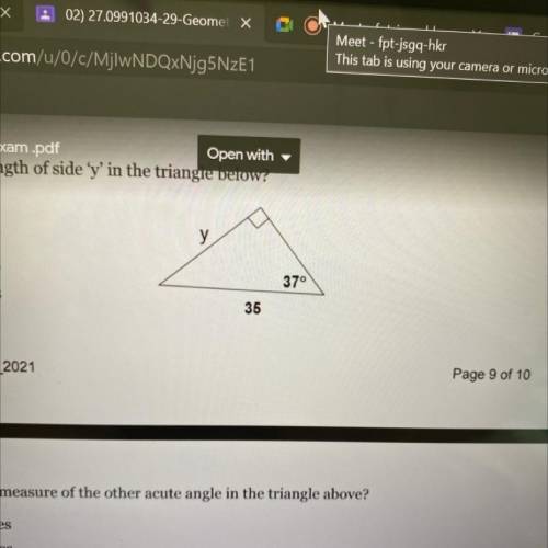 PLEASE HELP

 
What is the measure of the other acute angle in the triangle above?
A. 53 degre