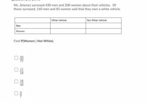 Ms. Jimenez surveyed 430 men and 200 women about their vehicles. Of those surveyed, 160 men and 85