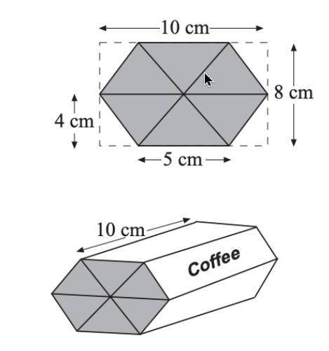 A box of coffee is in the shape of a hexagonal prism. Each of the 6 triangles has the same dimensio