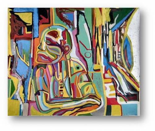 An expressionist painting of a man with his arms crossed. The painting is a series of lines and sha