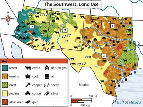 According to the map, what are types of livestock raised in the Southwest? Select all that apply.