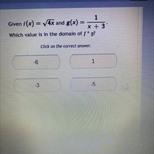 1

Given f(x) = 4x and g(x) =
x + 3
Which value is in the domain of fºg?
Click on the correct answ
