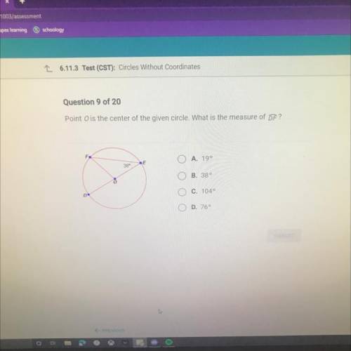Question 9 of 20

Point O is the center of the given circle. What is the measure of DĚ?
F
A. 190
E