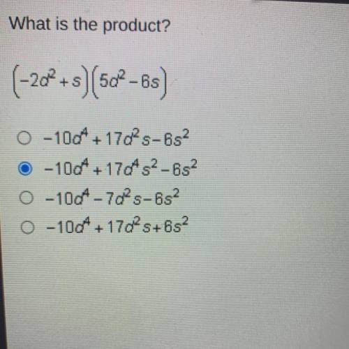 What is the product (-2a^2+s)(5a^2 -6s)
PLS HELP