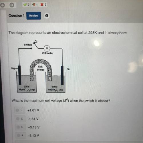 The diagram represents an electrochemical cell at 298K and 1 atm

What is the maximum cell voltage