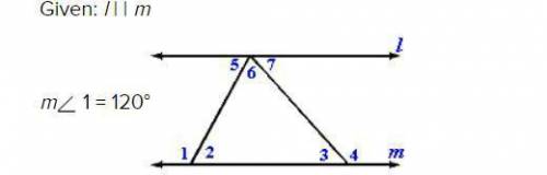 PLS HELP

Given the following diagram, find the required measures.
Given: l || m
m∠1=120
m∠3=40
m∠
