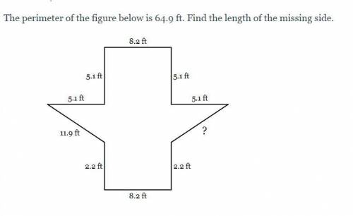 The perimeter of the figure below is 64.9 ft. Find the length of the missing side.