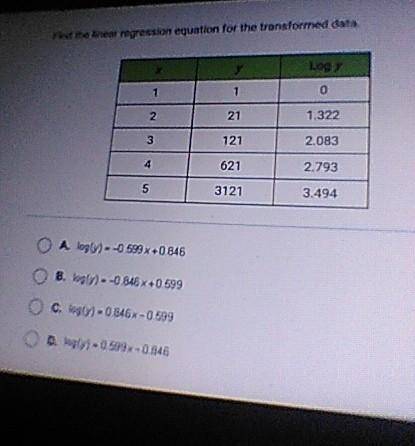 Find the linear regression equation for the transformed data. Х у Log y 1 1 0 2 21 1.322 3 121 2.08