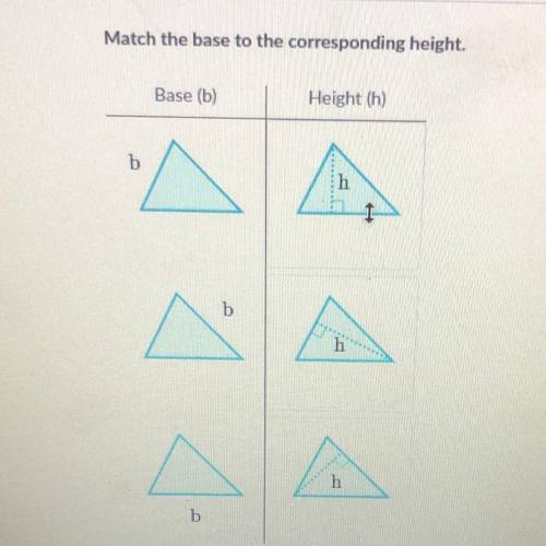 Match the base to the corresponding height.
Base (b)
Height (h)
b
b
h
b
