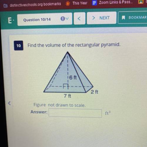 Find the volume of the rectangular pyramid.

6 ft
2 ft
7 ft
Figure not drawn to scale.
