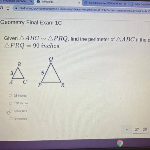 Given AABC ~ APRQ, find the perimeter of AABC if the perimeter of
APRQ = 90 inches