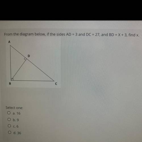 From the diagram below, if the sides ad=3 and dc=27 and bd=x+3, find x