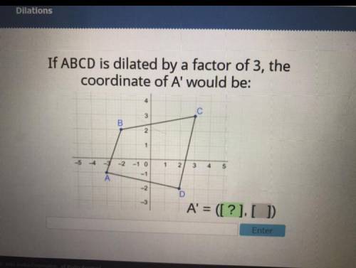 If ABCD is dilated by a factor of 3, the

coordinate of A' would be:
4
3
B
2
1
2
12
-5 -4
1 0
1
2