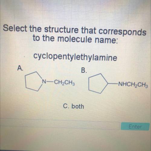 Select the structure that corresponds

to the molecule name:
cyclopentylethylamine
A.
B.
N-CH2CH3