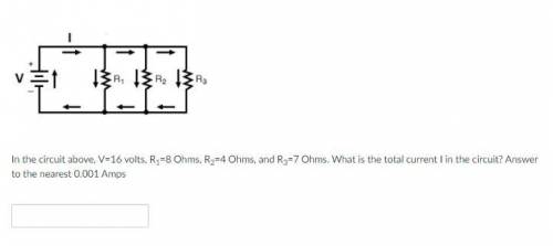 In the circuit above, V=16 volts, R1=8 Ohms, R2=4 Ohms, and R3=7 Ohms. What is the total current I