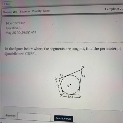 ￼I need help with math homework. Find the perimeter of quadrilateral CDEF.