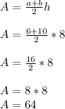 A=\frac{a+b}{2} h\\\\A=\frac{6+10}{2} *8\\\\A=\frac{16}{2} *8\\\\A=8*8\\A=64