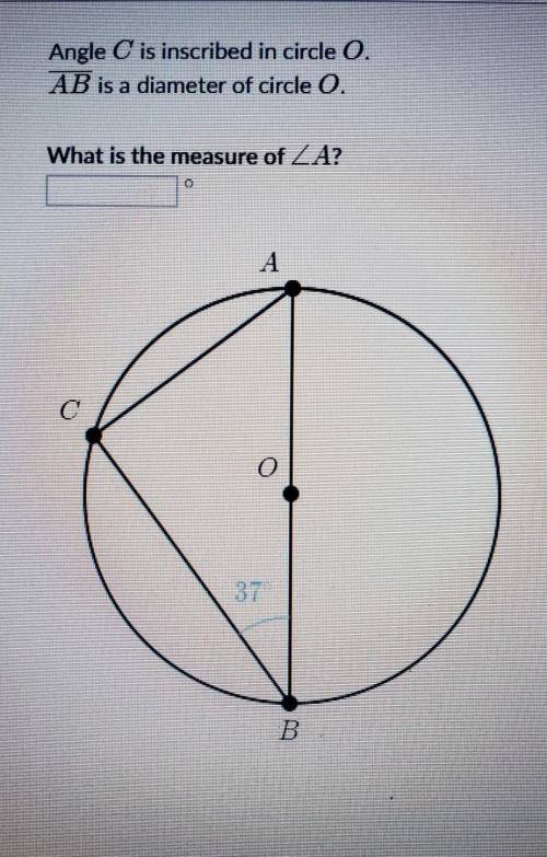 Angle C is inscribed in circle O. AB is a diameter of circle O. What is the measure of ZA? ​