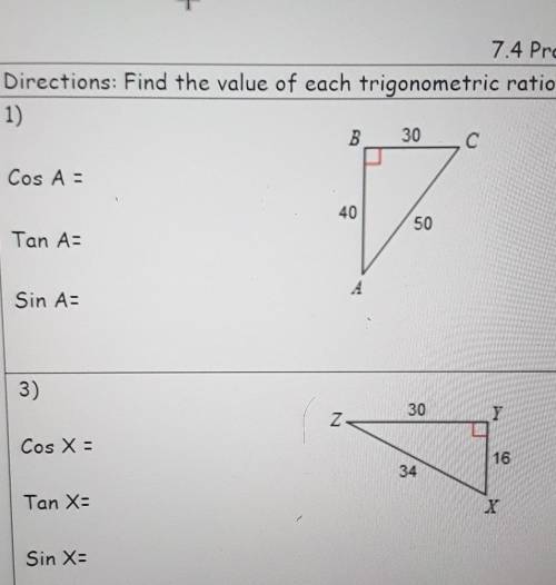 Directions: Find the value of each trigonometric ratio. finding cos, tan and sin​