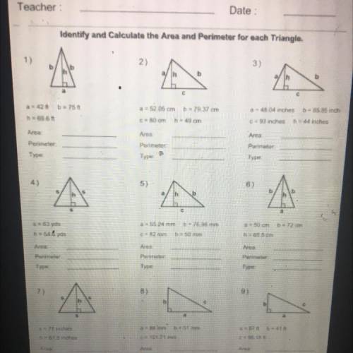Identify and calculate the are and perimeter for each triangle