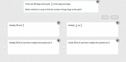 There are 30 dogs at the park. 5/6 of the dogs are large.

Which method is a way to find the numbe