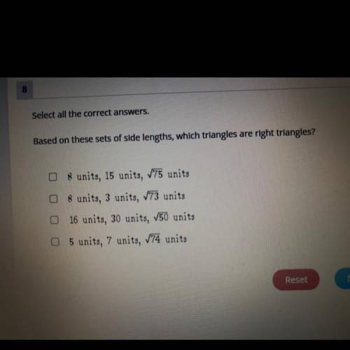 Select all the correct answers.

Based on these sets of side lengths, which triangles are right tr