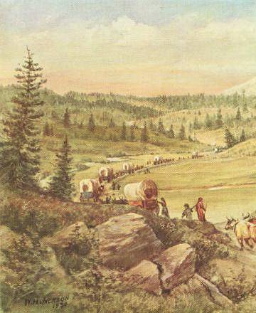 Examine the image. It's an artist’s representation of early pioneers moving to Oregon.

an illustr