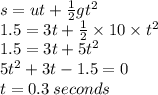 { \huge{s}} = ut +  \frac{1}{2} g  {t}^{2}  \\ 1.5 = 3t +  \frac{1}{2}  \times 10\times  {t}^{2}  \\ 1.5 = 3t + 5 {t}^{2}  \\ 5 {t}^{2}  + 3t - 1.5 = 0 \\ t = 0.3 \: seconds