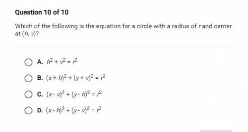 Which of the following is the equation for a circle with a radius of r and center at (h, v)?