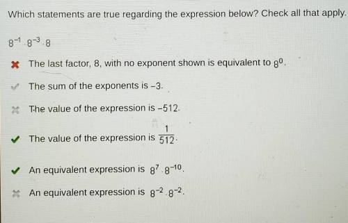 Which statements are true regarding the expression below? Check all that apply.

8^-1 * 8^-3 * 8Th