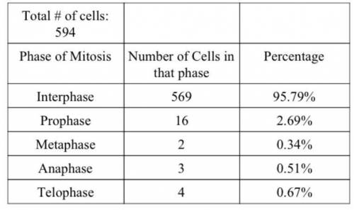 Upon examining a sample consisting of 594 cells, you find the following distribution of cell phases
