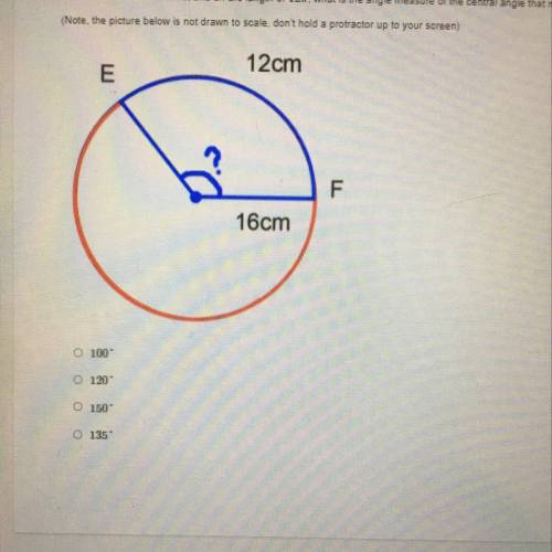 If a circle has a radius of 16,and an arc length of 12x, what is the angle measure of the central a
