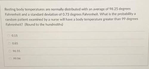 Resting body temperatures are normally distributed with an average of 98.25 degrees

Fahrenheit an