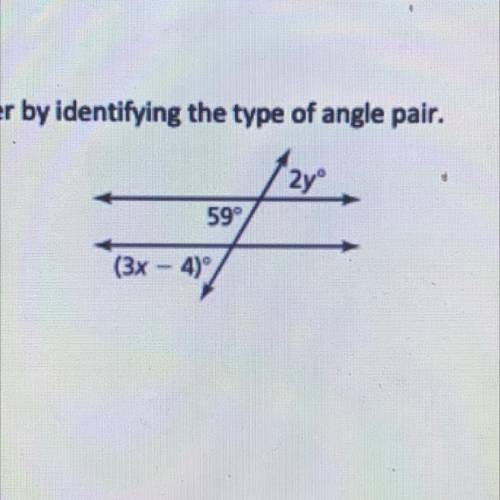 PLEASE ANSWER!! Find the value of x and y and the type of angle pair