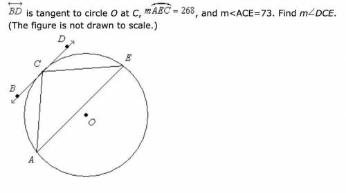 BD is tangent to circle O at C , mAEC = 268 and mACE = 73. Find mDCE

Multiple choice:
48.75
122
9
