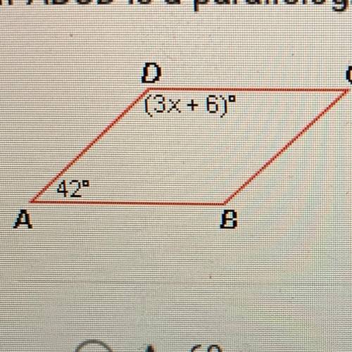 If ABCD is a parallelogram, what is the value of X?

A. 69
B. 46
C. 37
D. 82
E. 38
F. 44