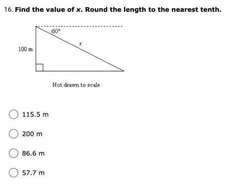 Find the value of x. Round the length to the nearest tenth.

115.5 m
200 m
86.6 m
57.7 m
