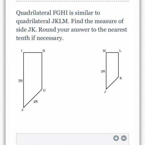 Quadrilateral FGHI is similar to quadrilateral JKLM. Find the measure of side JK. Round your answer