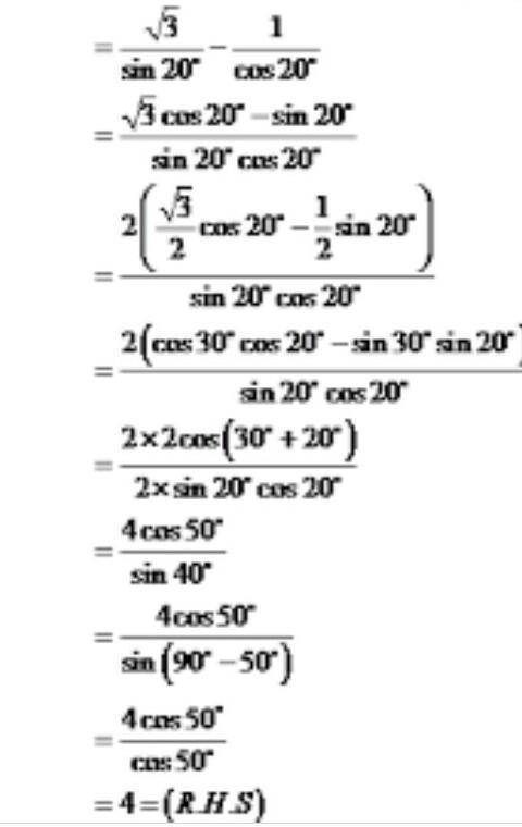 Prove that √3cosec20° - sec20° = 4​