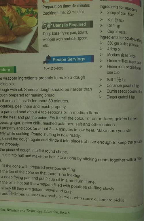 Make a list and procedure of the required materials to prepare the samosa.​