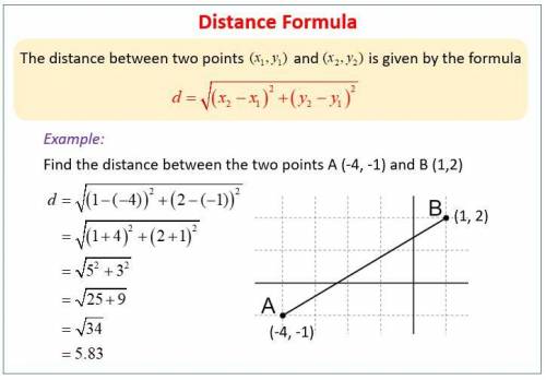 Find the distance between the points (1, 4) and (- 2, - 1).