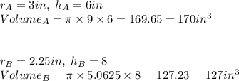 r_A = 3 in, \ h_A =  6 in\\Volume_A = \pi \times 9 \times 6  = 169.65 = 170 in^3\\\\\\r_B = 2.25in , \ h_B = 8\\Volume_B = \pi \times 5.0625 \times 8 = 127.23 = 127in^3